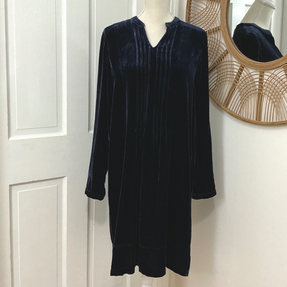 Sundance Silk Blend Velvet Dress S Navy Pintuck Boho Holiday Luxury Relaxed Fit